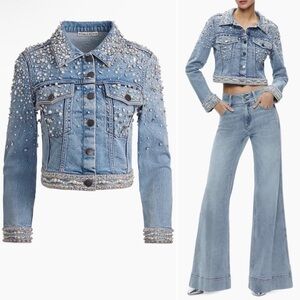ALICE + OLIVIA Nelson Embellished Beaded Cropped Crystal Denim Jean Jacket Small